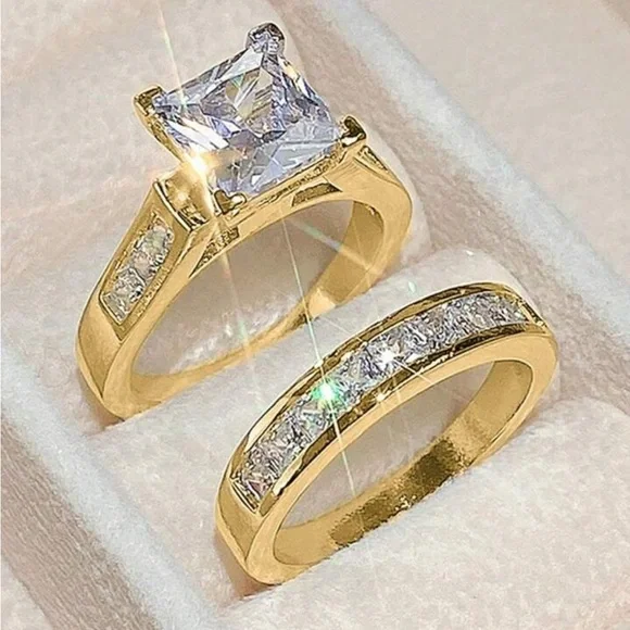 Princess Cut Moissanite Engagement and band set, 14K Yellow Gold Plated Set - Picture 3 of 11